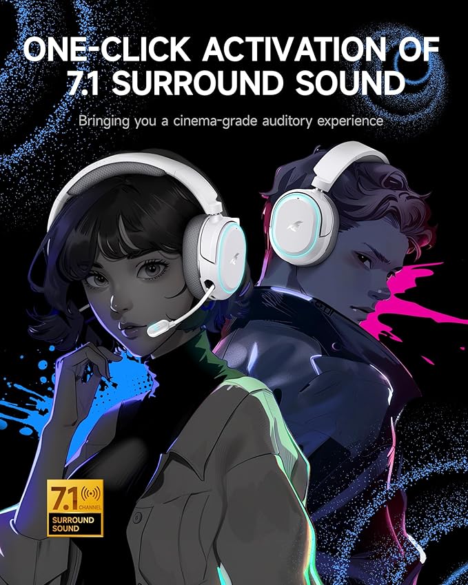 Picun G2 Wireless Gaming Headset, Over-Ear 7.1 Virtual Surround Sound, 2.4GHz/Bluetooth 5.4/Wired, 5ms Ultra-Low Latency, 100H Battery, ENC Noise-Canceling Mic, RGB, for PC PS5 PS4 Switch (Grey)