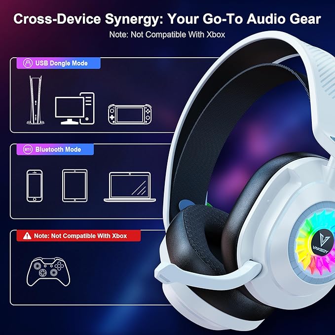 Vakedy HW10 Wireless Gaming Headset for PS5, PS4, PC, Switch, Mac, 2.4GHz Wireless Gaming Headphone with Flip Noise Canceling Mic, 50H Battery, 50mm Drivers, RGB Lights (White/Black)