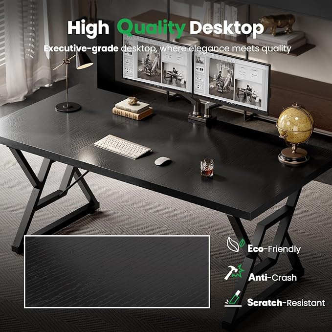 OHOHOLIVE 63" Large Executive Desk - Computer Office Desk Workstation, Modern Business Writing Table with Sturdy Metal Legs for Home Office (Black/Black)