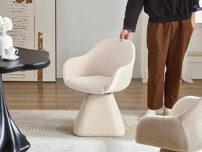 180° Swivel Dining Accent Chair, Barrel Upholstered Armchair with Solid Wood Base, Modern Beige Velvet Chair for Living Room, Bedroom, Office, Vanity Smooth 180° Swivel Mechanism – This swivel accen