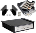 Cash Register Drawer with Under Counter Mounting Bracket - 13" Black Cash Drawer for POS, Stainless Steel Front, 4 Bill 5 Coin, Fully Removable 2 Tier Cash Tray, 12-24V RJ11/RJ12 Key-Lock