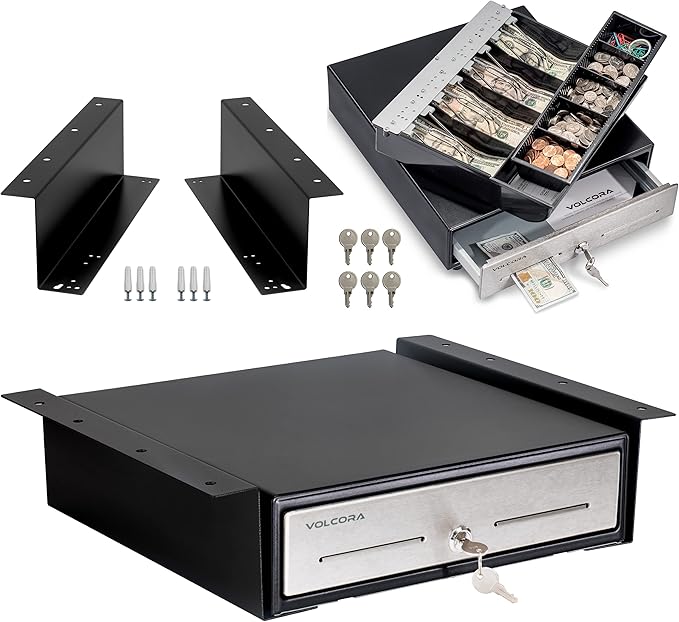 Cash Register Drawer with Under Counter Mounting Bracket - 13" Black Cash Drawer for POS, Stainless Steel Front, 4 Bill 5 Coin, Fully Removable 2 Tier Cash Tray, 12-24V RJ11/RJ12 Key-Lock