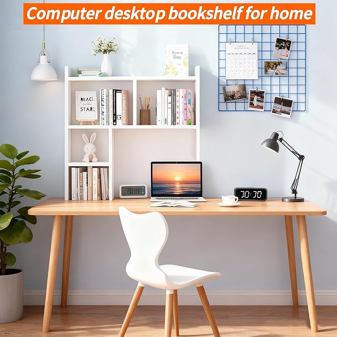 Desk Hutch Dorm Desktop Bookshelf, Wooden Desk Storage Hutch with 6 Shelves for Computer Desk, 4-Tier Desktop Display Organizer Rack for Office Home