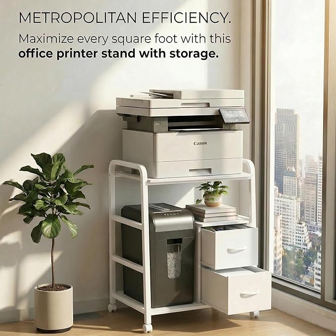 Printer Stand Featuring Fabric Drawers, Under Desk Host Computer Cabinet and Shredder Shelf, Heavy Duty Printer Stand with Storage Workstation Organization Printer Table for Home Office
