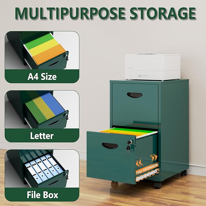 Polup 2 Drawer File Cabinet with Lock, Small Rolling Filing Cabinet for Home Office, Metal Mobile File Cabinets on Wheels, Under Desk Office Cabinets for Letter Size Folders - Assembly Required