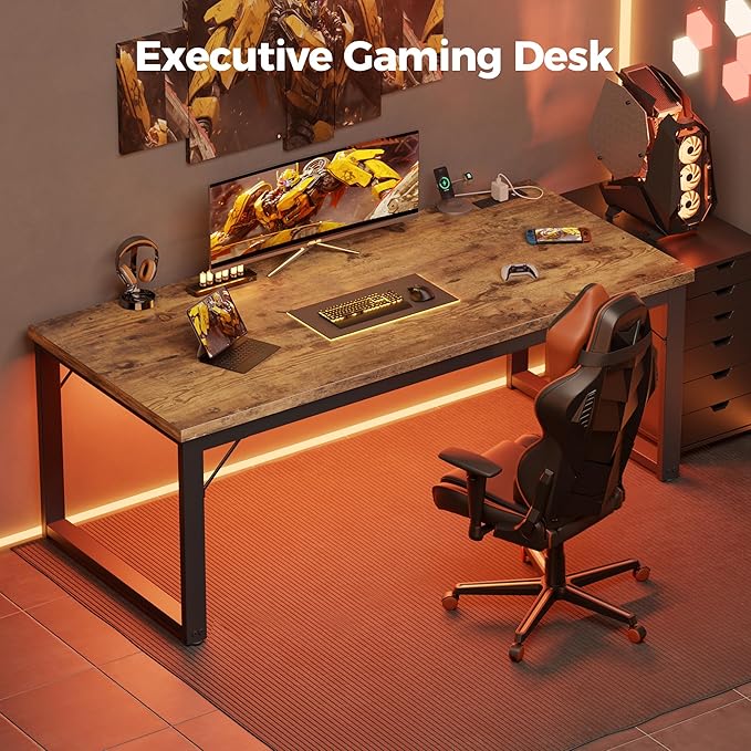 Mericonia 48 Inch Computer Desk with Power Outlets, 1.2" Thick Heavy Duty Industrial Office Desk, Modern Simple Study Writing Table for Home Bedroom Workstation, Brown