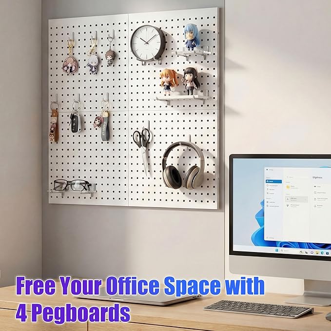 Spampur Peg Board, 4 Pack Metal Peg Board Panels, White PegBoard Wall Organizer for Gaming Room, Office, Craft Room Storage and Organization, Garage Tool Storage, SewingRoom, Workbench