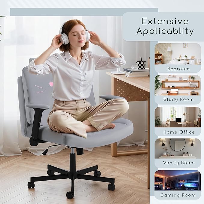 HOMREST Criss Cross Chair with Arms and Castors, Plus Size Cross Legged Office Chair with Extra Wide Seat&Flexible Back Cushion, Cute Comfy Desk Chairs for Home Office, Vanity, Gaming,Reading(Gray)