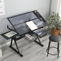 Drafting Table with Stool, Height Adjustable Drafting Desk Tempered Glass Artist Drawing Table Tilted Tabletop, Art Craft Artists Desk Work Station w/2 Storage Drawers for Home Office (Black)