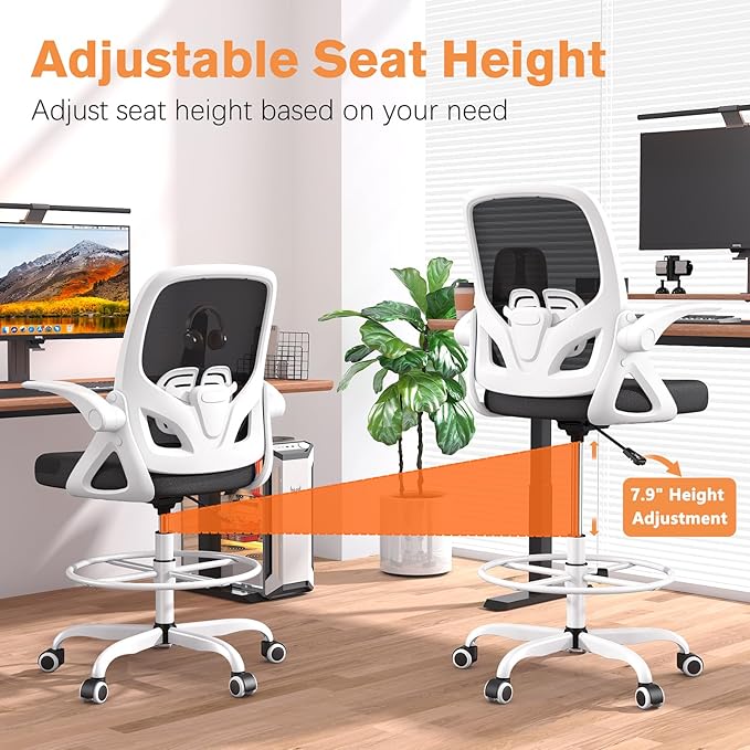 ORRSAKER Drafting Chair Tall Office Chair for Standing Desk, Breathable Mesh Ergonomic Computer Desk Chair with Flip-Up Armrests, Adjustable Lumbar Support and Footrest Ring,300 LBS，White