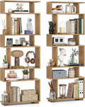 Giantex 6-Tier Geometric Bookshelves Set of 2, S-Shaped Bookcase with 2 Anti-Tipping Kits, Wooden Display Shelf, Decorative Storage Shelving Unit, Home Storage Organizer for Living Room, Natural