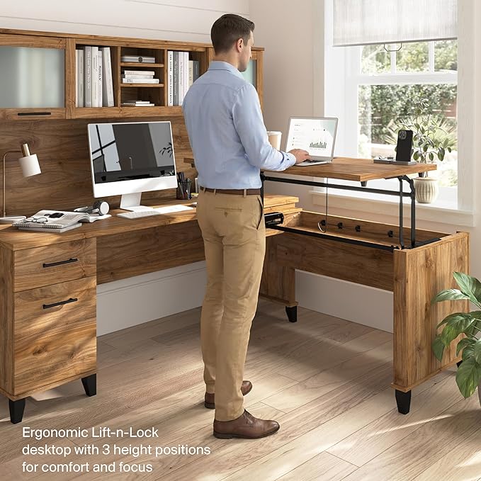 Bush Home Somerset 72W 3 Position Sit to Stand L Shaped Desk with Hutch in Fresh Walnut | Adjustable Height Table for Home Office