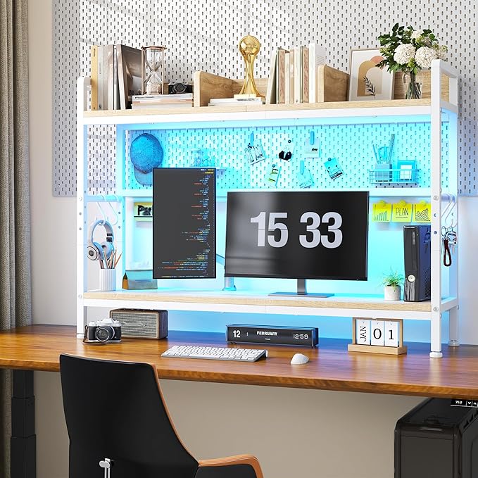 REIBII 45.2" Desk Shelf with LED Lights and Hooks,2-Tier Adjustable Multipurpose Solid Wood Desk Hutch Dorm,Desktop Organizer Rack with 3 Display Rack for Dorm,Office Home,White