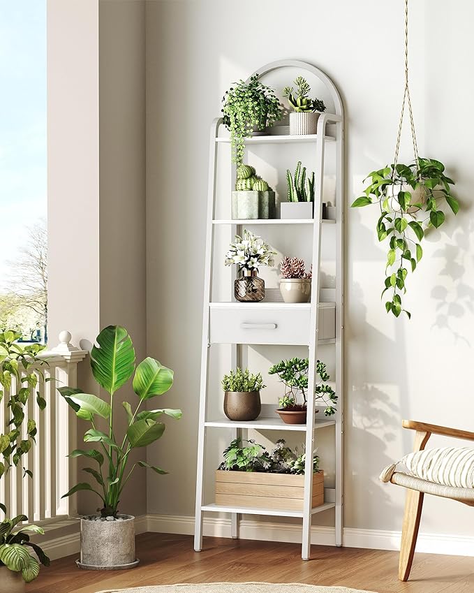 CHOEZON 5 Tier Ladder Shelf with Drawer, Tall Ladder Bookshelf, Standing Bookcase with Metal Frame for Living Room, Bathroom, Home Office, Study, Balcony, White TCJ07WB