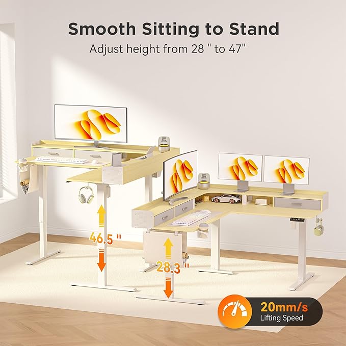 WALKINGDESK 63 Inches Height Adjustable L Shaped Standing Desk with 3 Drawers and Monitor Shelf, Electric Sit to Stand Home Office Comupter Table, Ergonomic Corner Gaming Desk, Oak
