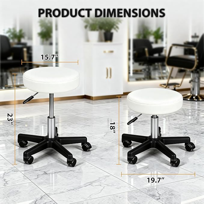 Nova Microdermabrasion Rolling Stool with Wheels Swivel Salon Stool Adjustable Drafting Tattoo Office Chair for Massage Bar Kitchen Spa Shop with Thick Cushion (White)