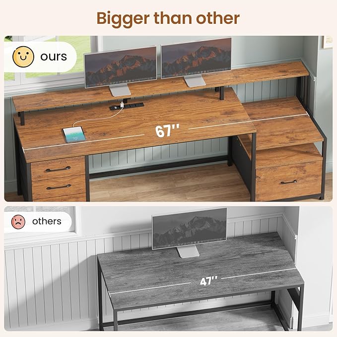 SEDETA Home Office Desk with File Drawer & Power Outlet, 66'' Computer Desk with 5 Drawer, Storage Shelves, Printer Cabinet and Monitor Shelf, Gaming Desk with Led Lights, Rustic Brown