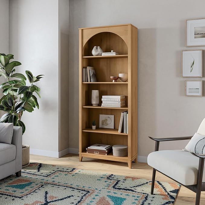 Prepac Ark 78" Tall 5-Tier Arched Bookcase in Natural Oak Veneer, Modern Storage Accent Bookshelf with 3 Adjustable Shelves for Home, Office, Living Room, Bedroom 78”H x 32”W x 13”D