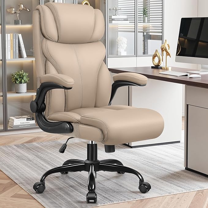 Primy Office Chair, Ergonomic Leather Desk Chair with Flip-up Armrests, Big and Tall High Back Executive Computer & Gaming Chair with Footrest, Comfy Padded, Rocking Function and Lumbar Support(Khaki)