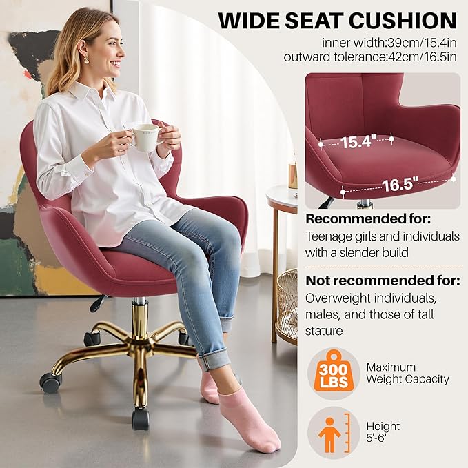 Vanity Chair with Wheels, Cute Home Office Desk Chairs Adjustable Height for Living Bedroom, Small Modern Fluffy Velvet Makeup Chair with Back for Girls (Rose Red)