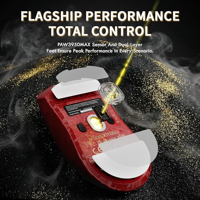 ATTACK SHARK X11ULTRA Carbon Fiber Wireless Gaming Mouse,8K Polling, PAW3950MAX Gaming Sensor,63g Ultra-Lightweight,Nordic 54L15 MCU Chip,Wired/BT/2.4Ghz with RGB Coiled Cable-Metallic Red