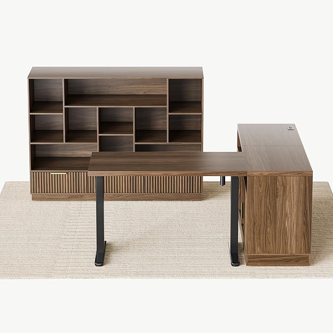 Home Office Furniture Set, 67'' Standing Desk with 44'' Bookshelf, Electric Height Adjustable Desk with 2 File Cabinet, AC/USB and Bookcase with 3 Drawers, Fluted Style Black Walnut
