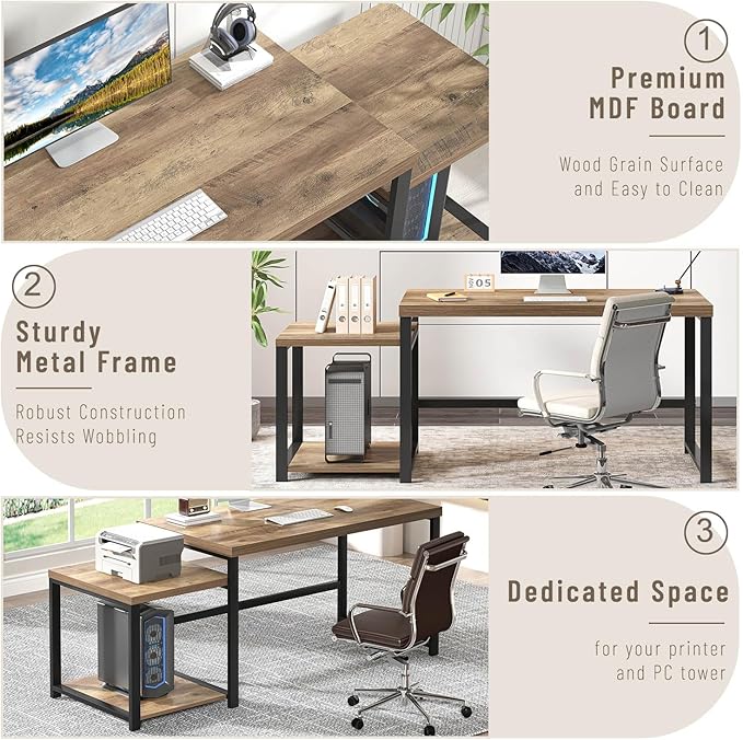FOLUBAN 63 Inch Large Computer Desk with Printer Space & PC Tower Stand, Modern Wood Home Office Desk Workstation with Storage Shelves, Writing Study Gaming Table, Rustic Oak