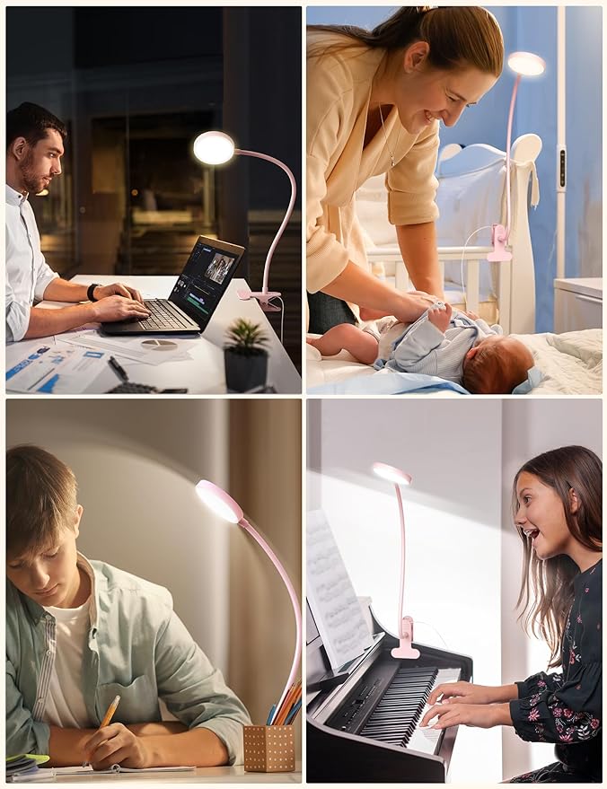LiFMIRA Desk Lamp Clip on Light 8W 66 LED Reading Light for Bed, 5 Colors 10 Dimming Levels, Eye Caring Metal Reading Lamp, Clip lamp for Bed Headboard Home Office (Pink)