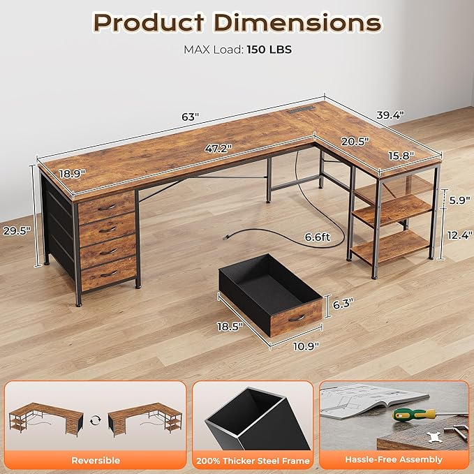 Huuger 63 Inch L Shaped Desk with Fabric Drawers, Computer Office Desk with Power Outlets and USB-C Port, Corner Desk with Storage Shelves, for Gaming Work Study Home Office, Reversible, Rustic Brown
