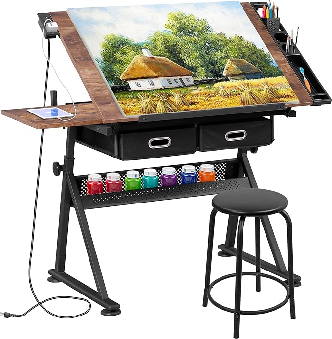 HomGarden Height Adjustable Drafting Desk Drawing Table Art Craft Work Station w/Stool, Power Outlet and Storage Drawers for Home Office Study Room, Rustic Brown