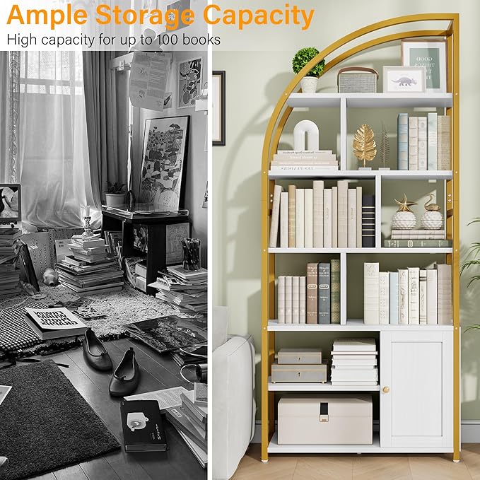 Jehiatek 71" Arc Gold Bookshelf with Storage Cabinet, Tall 6 Tiers Industrial Bookcase with Sturdy Metal Frame, Geometric Book Shelf for Lving Room, Home Office, Gold and White