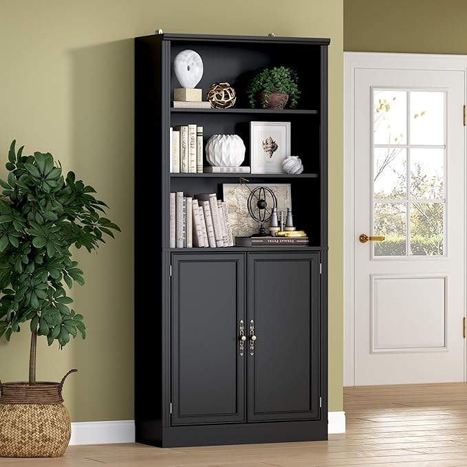 BORNOON 70.1" Tall Bookshelf with Cabinet, 5-Tier Floor Standing Bookcase with Doors & Adjustable Shelves, 31.5" Wide Storage Shelf, Metal Handles, Modern Organizer for Home Office, Living Room