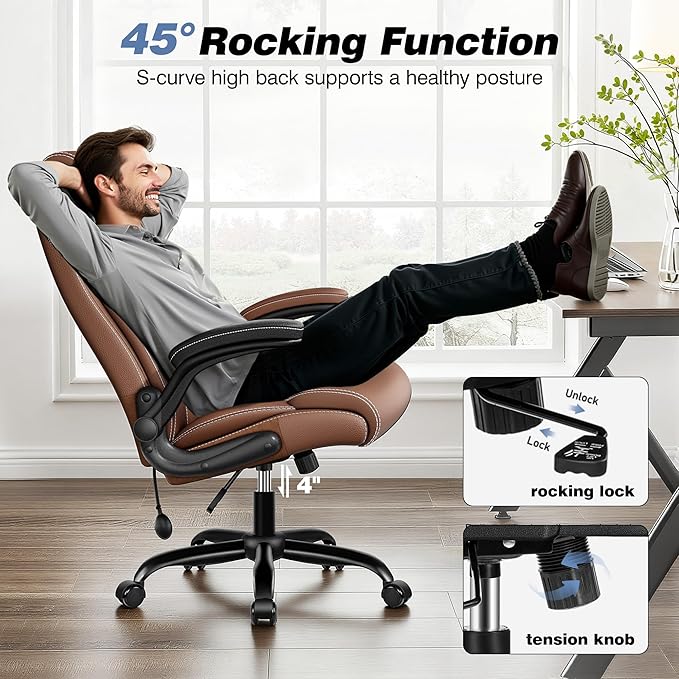 BESTFAIR Ergonomic Office Chair - Desk Computer Chair, Leather High Back Executive Chairs with Adjustable Lumbar Support & Flip Up Arms, Brown 4 Pack