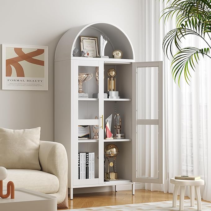 VEXPOR 73" Tall Arched Display Cabinet with Glass Doors, Metal Arched Curio Cabinet with 2 Adjustable Shelves for Living Room, Home Office, Assembly Required, White