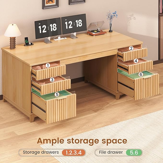 SEDETA 55.1" Fluted Office Desk with 6 Drawers, Modern Executive Desk with Acrylic File Drawers, Computer Desk with Power outlets for Home Office and Study, Natrual
