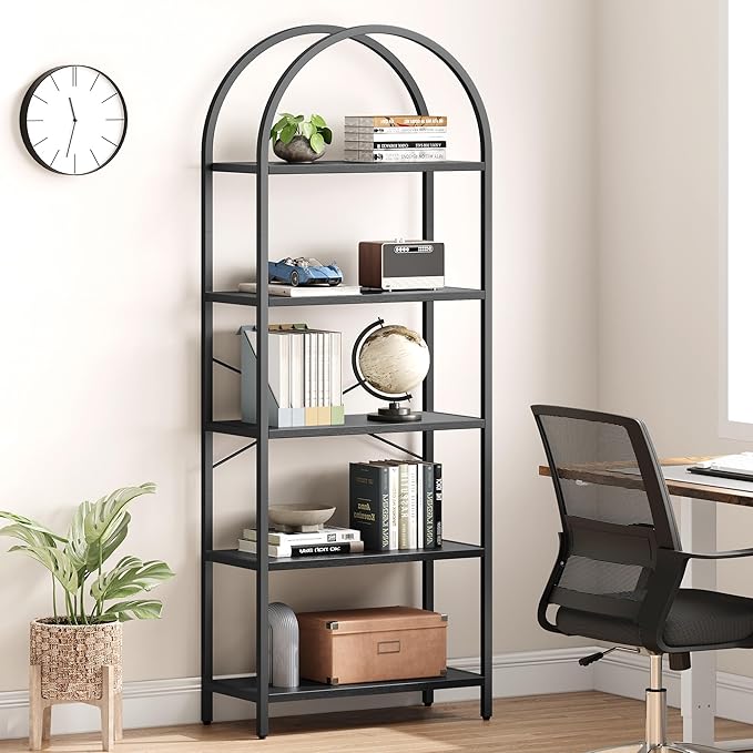 IDEALHOUSE Bookshelf 5 Tier Bookcase Arched Display Racks Tall Standing Bookshelves Metal Frame Modern Storage Rack Shelf Large Wood Book Shelf for Bedroom, Living Room, Home Office (Black)