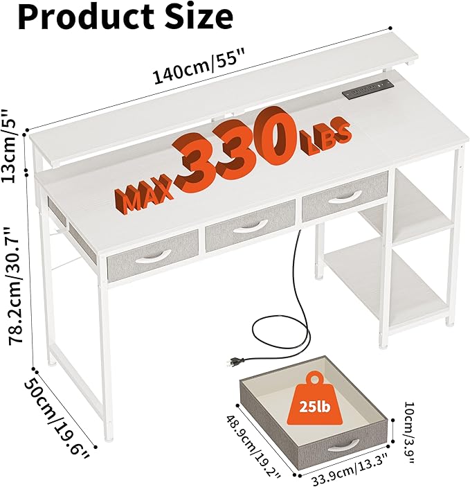 JOISCOPE Home Office Desk with Power Outlets (3AC, USB, Type-C), 55 × 20 Inch Computer Desk with 3 Drawers & Shelves, Laptop Table with Display Riser, Gaming Study Drafting Table for Bedroom, White