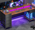 Korfile 61 Inch Gaming Desk with Power Outlets and LED Lights, Reversible Computer Desk with 5 Fabric Storage Drawers, Home Office Desk with Monitor Stand for Working Writing Study, Rustic Brown
