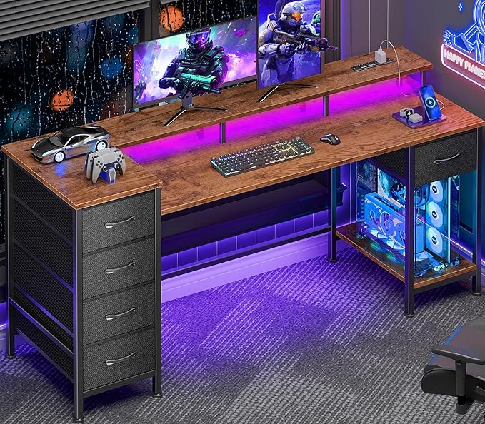 Korfile 61 Inch Gaming Desk with Power Outlets and LED Lights, Reversible Computer Desk with 5 Fabric Storage Drawers, Home Office Desk with Monitor Stand for Working Writing Study, Rustic Brown