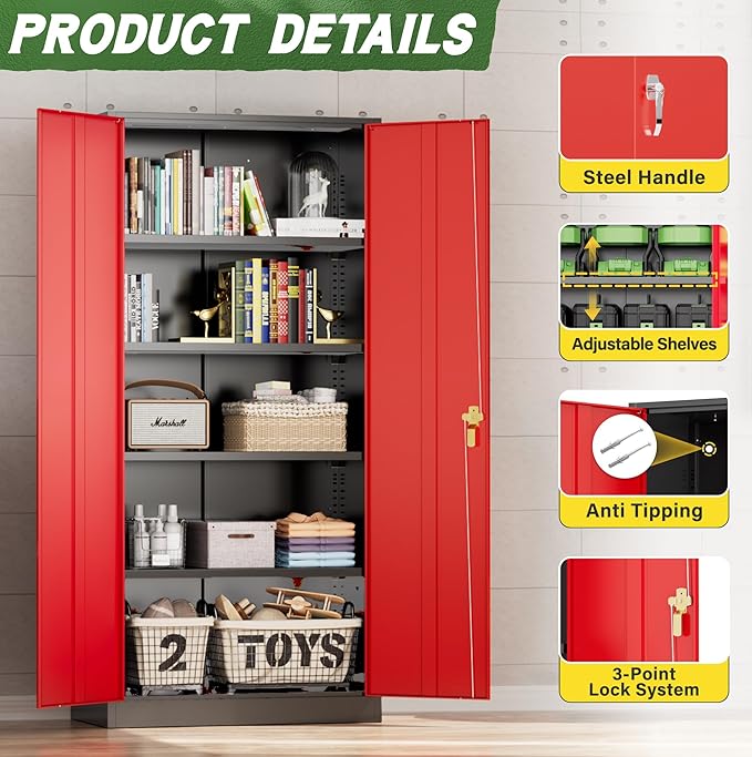 Greenvelly Metal Storage Cabinet, 72" Steel Garage Cabinet with Doors and Adjustable Shelves, Metal Cabinet with Lock,Tall Metal Office Storage Cabinet for Garage,Home Office,School (Black Red)