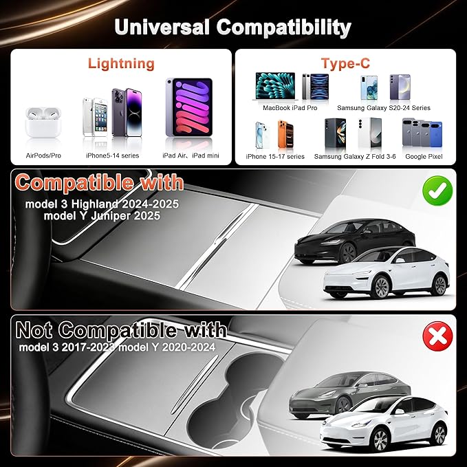 116W USB Charger Hub for Tesla Model 3 Highland (2024–2025) & Model Y Juniper (2025) – Retractable PD Fast Charging with Music Sync RGB Light