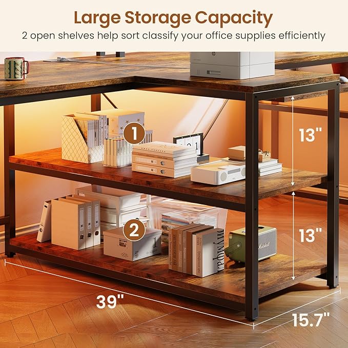 SEDETA 94.5" Home Office Desks, Computer Gaming Desk with Storage, LED Lights, Power Strip with USB, Keyboard Tray & Monitor Stand, Extra Long Double Desk for 2 Person, Rustic Brown