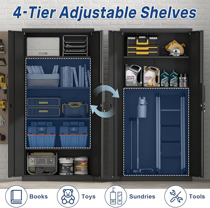 72''H Tall Metal Garage Storage Cabinet with Lock, 18'' Deep Metal Storage Cabinets with Doors and 4 Adjustable Shelves, Heavy Duty Steel Locker for Garage, Warehouse, Home Office, Black