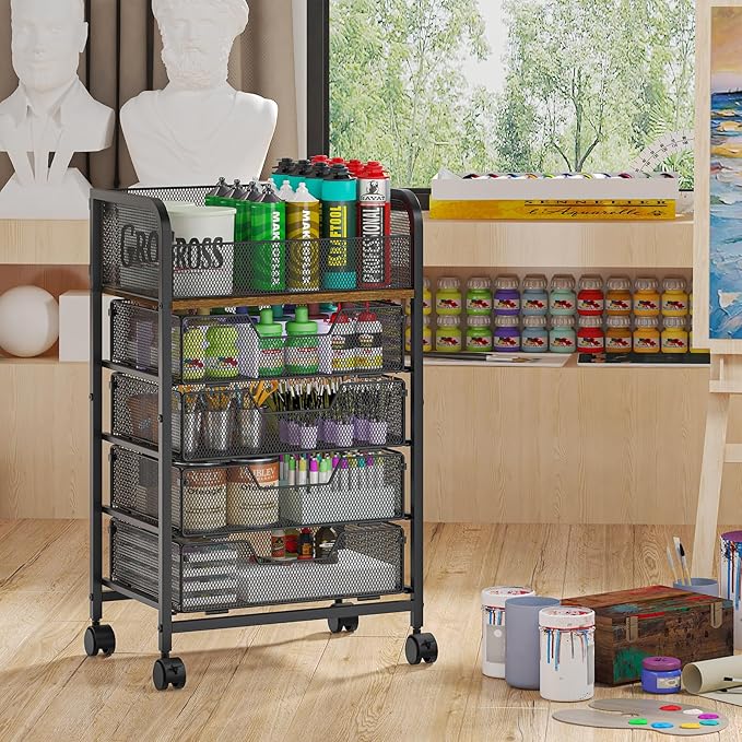 5-Tier Craft Organizer Cart with Wheels-Storage Cart with Drawers,Lockable Wheels Rolling Utility Cart,Makeup Cart with DIY Divider,Office Supply Organizer Storage for Studio,Office Patent Pending