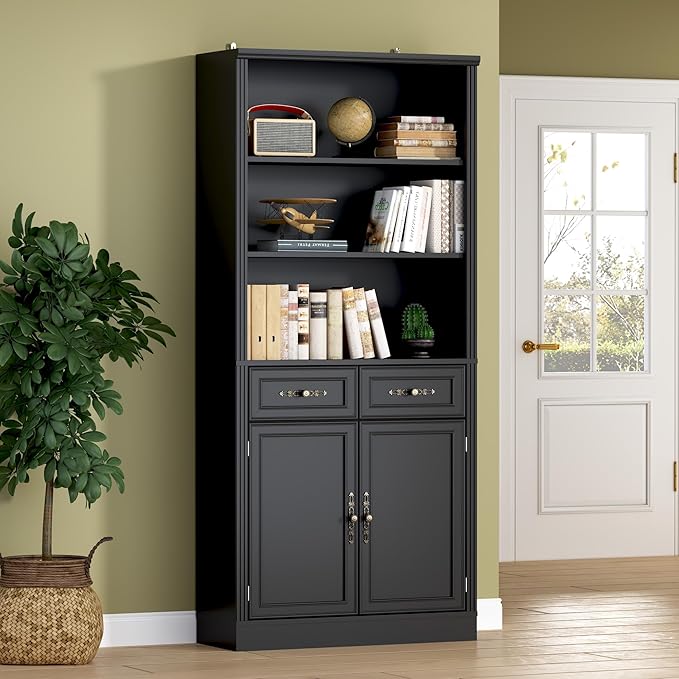 BORNOON 70.1" Tall Bookshelf with Drawers & Cabinet, 5-Tier Floor Standing Bookcase with Storage Doors, Adjustable Shelves & Metal Handles, 31.5" Wide Organizer for Home Office, Living Room