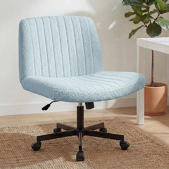 Orange Factory Criss Cross Chair Wheels Vanity Chair Office Desk Comfy Wide Cross Legged Armless Teddy Fabric Adjustable Swivel for Home Computer Task (Blue, Teddy Fleece)