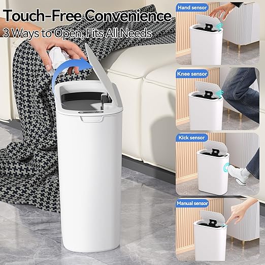 FRESHLIX Automatic Motion Sensor Bathroom Trash Can with Lid, 5 Gallon Touchless Trash Bin,Smart Electric Narrow Waterproof Garbage Bin for Toilet, Office, Bedroom, Living Room, Dorm (White