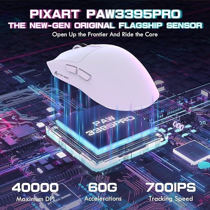 ATTACK SHARK X1 Ultralight Wireless Gaming Mouse with Magnetic RGB Charging Dock,PixArt PAW3395 Pro Sensor,40000DPI,BT/2.4Ghz/Wired,1K Polling,Optical Micro Switch,Web Driver for PC Mac Gamer(White)