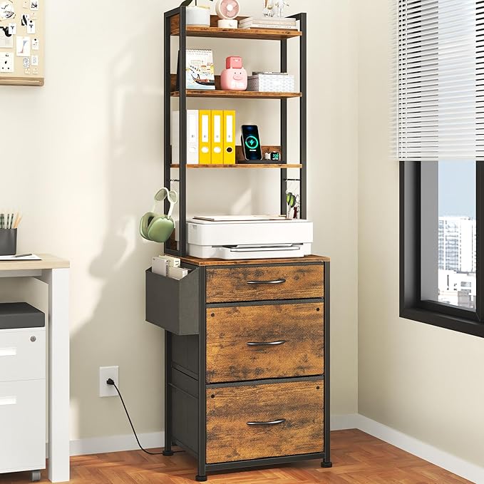 GYIIYUO 3 Drawer Tall 69''H File Cabinet with Charging Station, 4-Tier Filing Cabinet with Adjustable Shelf, Fabric Drawer, Printer Stand for Home Office, Fits A4/Letter/Legal, Rustic Brown