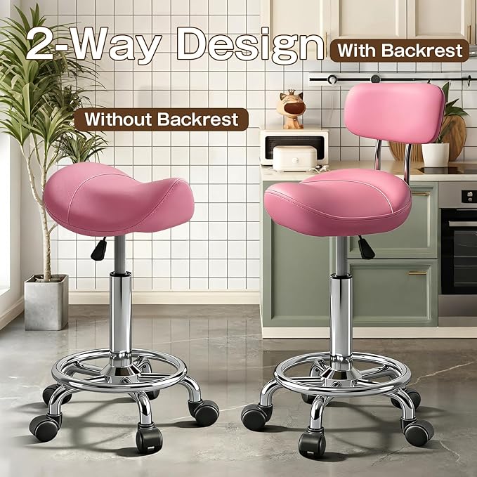 Saddle Stool with Back and Ring Pedal, Adjustable Hydraulic Rolling Chair with Wheels for Salon, Spa, Medical, Massage & Drafting Use Pink